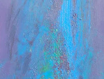 A very tall and narrow canvas, placed upright, featuring a painting with blue background and centralised marks in shades of turquoise and green, with tiny highlights of red showing through the impasto layers.