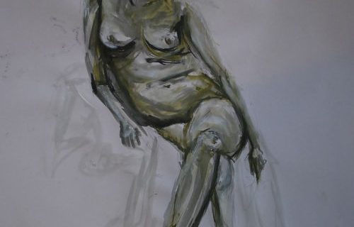 A female nude painting in ink. The figure reclines sideways on a chair, resting on one arm and looks into the distance.