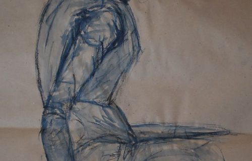 Large scale blue ink drawing of a headless padded but sagging mannequin. It's sagged and bent over posture seems somehow sad.