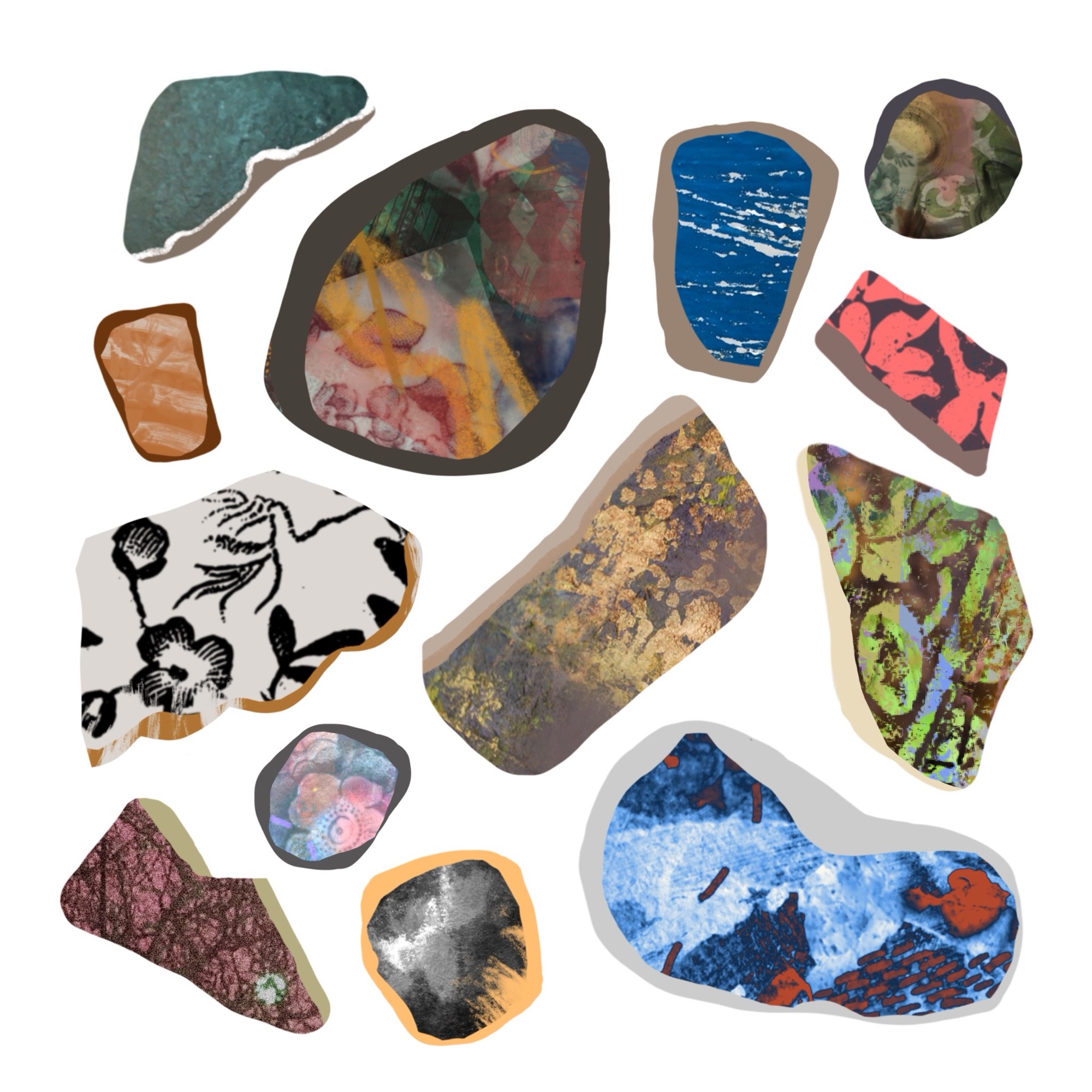 A digitally painted flatlay of variously coloured and decorated sea pottery shards in vibrant colours