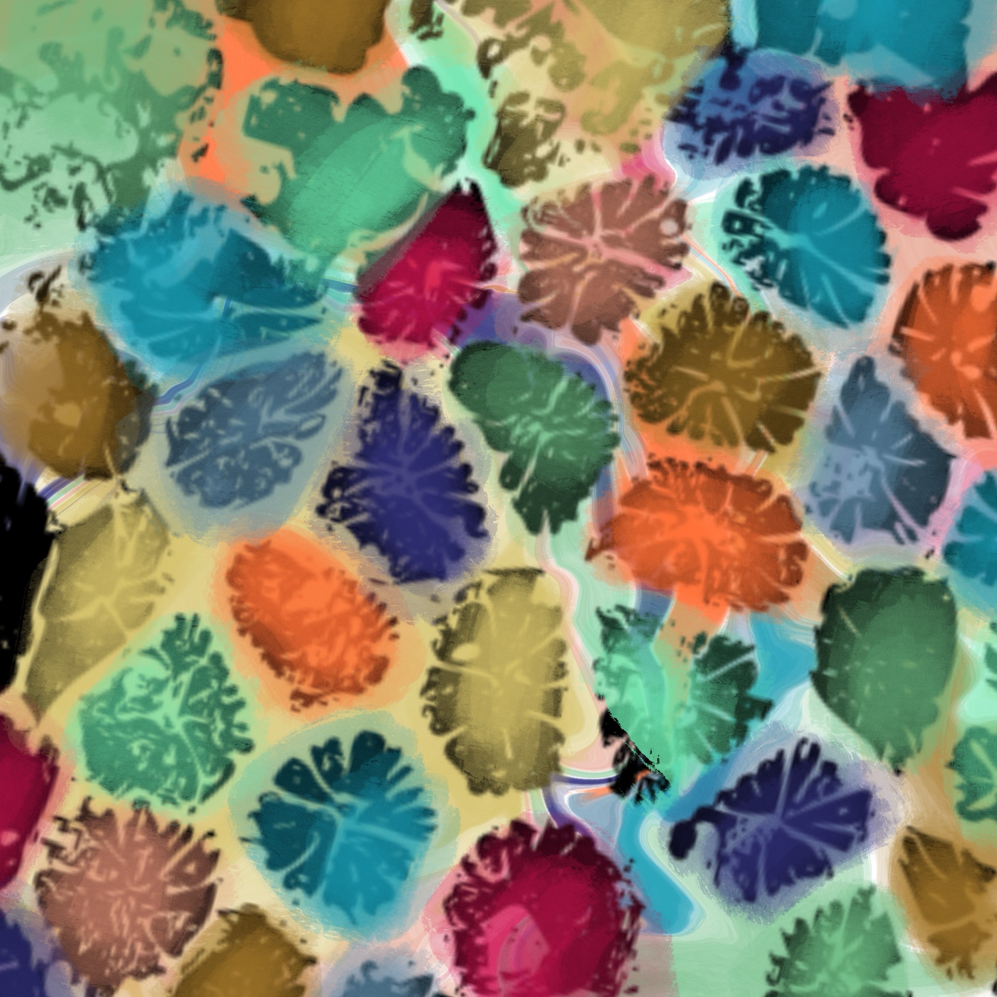 Isastrea oblonga coral, digitally colourised by artist Nicki MacRae. Star-like cells tessellate into a constellation pattern and are tinted in vivid hues.