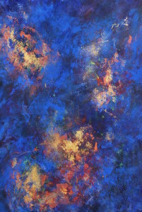 A large abstract canvas in portrait format, with a mottled deep blue ground. Painterly, stippled and directionally brushed marks in three select areas of the composition are picked out in metallic gold and bronze, suggesting the idea of the movement of water, and scattered light reflected off shiny objects under the waters surface.