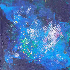 A painting on small square canvas in shades of blue and purple, with abstracted dots and squares in the central area.