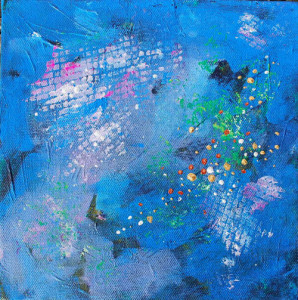 a small square abstract painting on canvas with a blue ground, and central areas of tiny dots and squares.