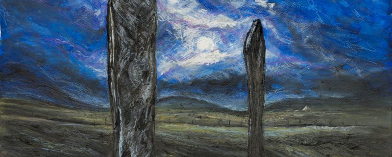 Painting by Nicki MacRae of standing stones in a dark landscape at night.