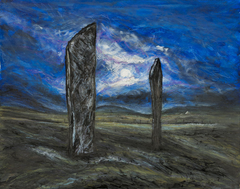 Painting by Nicki MacRae of standing stones in a dark landscape at night.