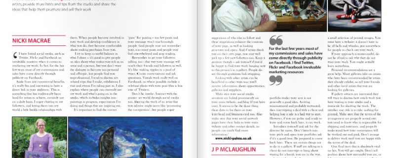 A spread from Art Business Magazine titled 'The Art of Selling' showing a short white woman holding a colourful abstract painting in a garden, beside a painting of Arcadian standing stones at night.