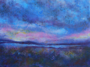 A simplified painting of a sunrise over a flat landscape, with low hills in the background and gentle reflective water in the middle ground. The colours are cool toned and muted, blue dominates. The sky is tinted with pinks and yellow. Acrylic paint has been supplemented by paint sprayed through textiles, giving sybil texture and a dreamy effect.