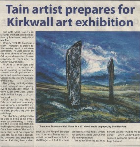 Newspaper clipping with title 'Tain artist prepares for Kirkwall art exhibition' with a picture of a painting of a nighttime landscape scene with dark standing stones.