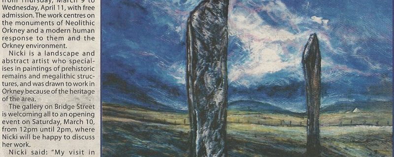 Newspaper clipping with title 'Tain artist prepares for Kirkwall art exhibition' with a picture of a painting of a nighttime landscape scene with dark standing stones.