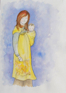 A pen and ink with watercolour illustration of a young white woman standing side to the viewer. She has ginger long hair and calm expression with eyes resting downward and gentle smile. She wears loose trousers and a knitted jumper in neutral colours, and a bright yellow ring sling baby carrier over one shoulder, with tail hanging down in a fluid and decorative fashion. A tiny baby with blonde hair is nestled into the folds of the carrier, right on her chest.