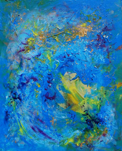 An abstract painting on canvas with mid-toned blue ground. Gestural, directional marks in greens and blues create a sense of energy and movement.