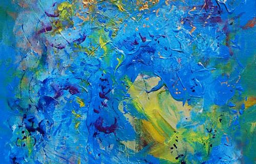 An abstract painting on canvas with mid-toned blue ground. Gestural, directional marks in greens and blues create a sense of energy and movement.