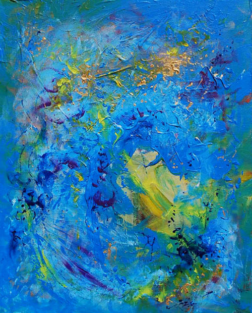 An abstract painting on canvas with mid-toned blue ground. Gestural, directional marks in greens and blues create a sense of energy and movement.