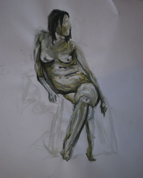 A female nude painting in ink. The figure reclines sideways on a chair, resting on one arm and looks into the distance.
