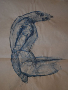 Large scale blue ink drawing of a headless padded but sagging mannequin. It's sagged and bent over posture seems somehow sad.