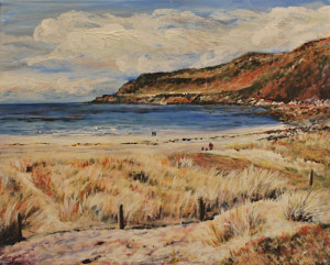 A landscape painting of a beach in acrylics in a somewhat painterly style. A view over dry tall yellow grasses, with a wandering wire fence strung between sturdy wooden fence posts, leads to a golden sandy beach. A few tiny figures - an adult and two children can be seem on the sand. A large headland stretches out from the right side of the canvas, encircling a bay of deep blue calm water. the headland seems rugged and carpeted by green and rusty orange foilage that follows its contours. Buffy, scudding clouds move across a weak blue sky.