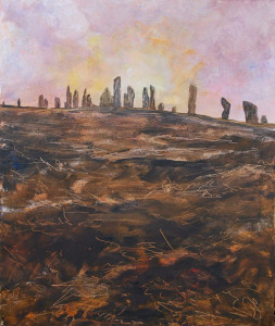 A landscape painting in acrylics on a portrait orientation canvas. The lower two thirds of the canvas are taken by a bleak, textural brown hillside with little features except marks scratched into wet paint, suggesting grasses. Above, on top of the hill is a stone circle of 22 tall stones with irregular shapes and height, seen in silhouette against a delicate sky of cloudy lilacs and pinks, with a faint area yellowish sun. The point of view is from below, giving a feeling of smallness, distance and perhaps inferring reverence.