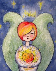 A vibrant, colour dense illustration in watercolour with pen and ink. A female figure with huge wings fills almost the whole space. The pale mint green wings have a feathery texture and elegant curved shapes, making the figure seem small. The figure has a heart shaped face, small features, white skin, rosy cheeks and bobbed hair insides of orange and yellow. she holds a large glowing orange and red heart against her chest with both arms, cradling it. her expression is warm and calm. The background is deep blue and starry.