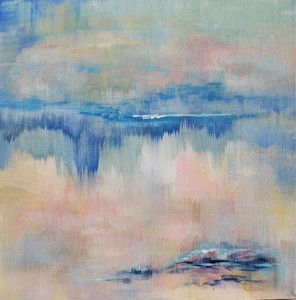 An abstracted landscape on square canvas. Loose painterly semi transparent layers have been painted with only horizontal or vertical flat brush marks, creating a subtle dreamy effect, and the impression of watery surfaces and moisture in the air.. There is a suggestion of a horizon two thirds up the canvas, and the possibility of low dark hills reflected in water, as well as watery indistinct clouds.