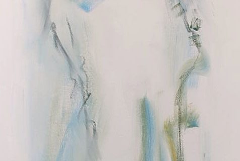 A very tall elongated canvas with abstract mixed media painting on a soft white ground. Wandering, graceful, fluid charcoal lines effectively form a stretched figure of eight shape, with the bottom section twice the height of the upper part. Around the lies are brushes marks in shades of both cool and warm greens. The effect is harmonious, restful and painterly.