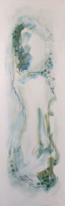 A very tall elongated canvas with abstract mixed media painting on a soft white ground. Wandering, graceful, fluid charcoal lines effectively form a stretched figure of eight shape, with the bottom section twice the height of the upper part. Around the lies are brushes marks in shades of both cool and warm greens. The effect is harmonious, restful and painterly.
