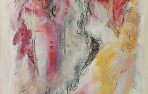 A portrait orientation abstract painting on canvas with expressive charcoal marks on wash like fields of colour, on a white ground.