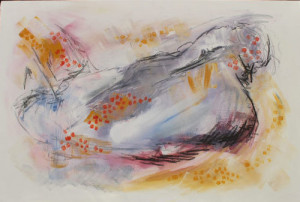 A landscape oriented painting in mixed media on canvas, with a gentle white ground. Expressive, energetic charcoal lines dance around the canvas creating a sense of movement. They are most heavily weighted to the bottom right. Around them are colourful brushed marks in ochre yellow, pink and lilac-blue, adding texture and more movement to the piece. The effect is softly energetic.