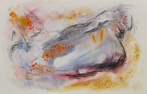 A landscape oriented painting in mixed media on canvas, with a gentle white ground. Expressive, energetic charcoal lines dance around the canvas creating a sense of movement. They are most heavily weighted to the bottom right. Around them are colourful brushed marks in ochre yellow, pink and lilac-blue, adding texture and more movement to the piece. The effect is softly energetic.