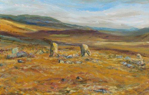 A landscape painting in acrylics on canvas in portrait orientation, in muted shades of yellow and blue, depicting a hilly landscape with blue sky and puffy white clouds. A plateaux in the foreground hosts a stone circle of mostly squat rocks, but two at the far side middle are taller.