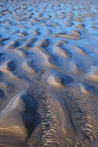 A detail photo of wave formed ripples on a beach in mid brown sand. Water captured between the forms fleets the blue of the sky, creating a very graphic composition of simple colour and form.