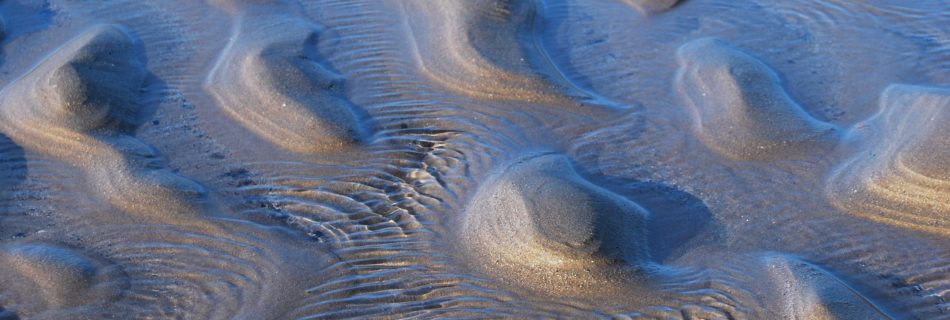 A detail photo of wave formed ripples on a beach in mid brown sand. Water captured between the forms fleets the blue of the sky, creating a very graphic composition of simple colour and form.