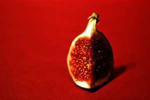 A close up photo of a quartered fig, sat upright - stem upwards - against a rich red plain background of the same red. The figs seeds look like tiny jewels.