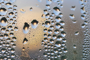 A macro photo of droplets of water on lass with cool sunset yellow light shining through.