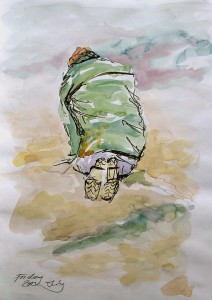 Watercolour and ink sketch of the back of a figure bent over on hands and knees, digging. Their jacket is creased and crinkled and the treads of their boots detailed. The background is washy.