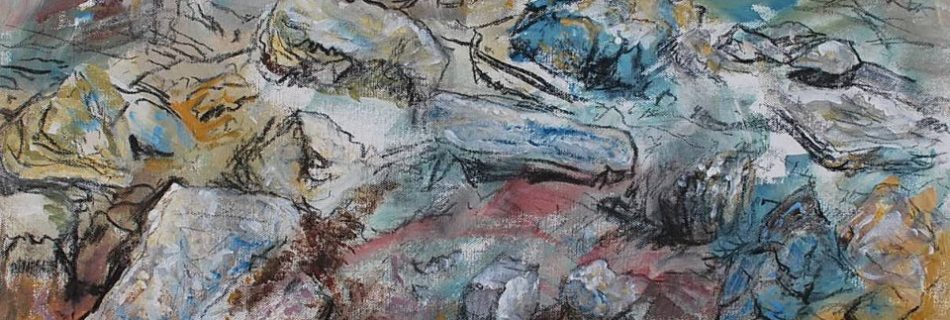 A mixed media painting in landscape format of rocks and rubble depicted in washes of muted blue, ochre, red and grey paint and expressive lines in charcoal. Across the bottom of the composition - the foreground - is a dark trench pit, depending into shadow.