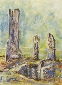 A portrait orientation landscape painting featuring three very tall standing stones of rough grey rock dominating the composition. in the foreground is a scattered collection of low rocks. Gestural marks suggest stubby grass growing around, and the sky is thick with cloud. The whole composition is painted in eerie soft greens and greys.
