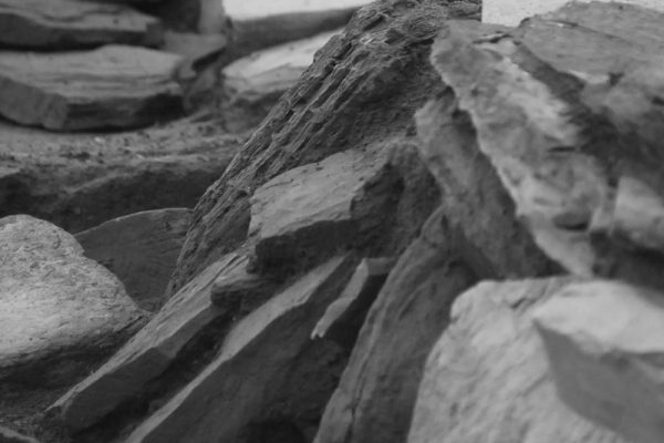 A black and white abstracted photo showing rock slabs sitting at different angles, forming graceful patterns on an archaeological dig site.