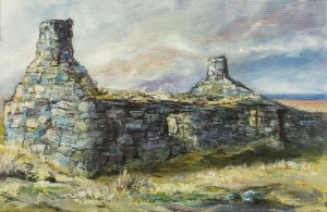 A landscape painting in acrylics with charcoal drawing fin soft tones of grey and green, featuring a ruinous single story cottage front and fore, made of rough blocks of grey rock. It has no roof and weak sunlight shins through its two bare open windows. Grasses grow from the tops of its walls and its two chimneys. its surrounded by scrubby grasses and the sky is grey and heavily clouded.