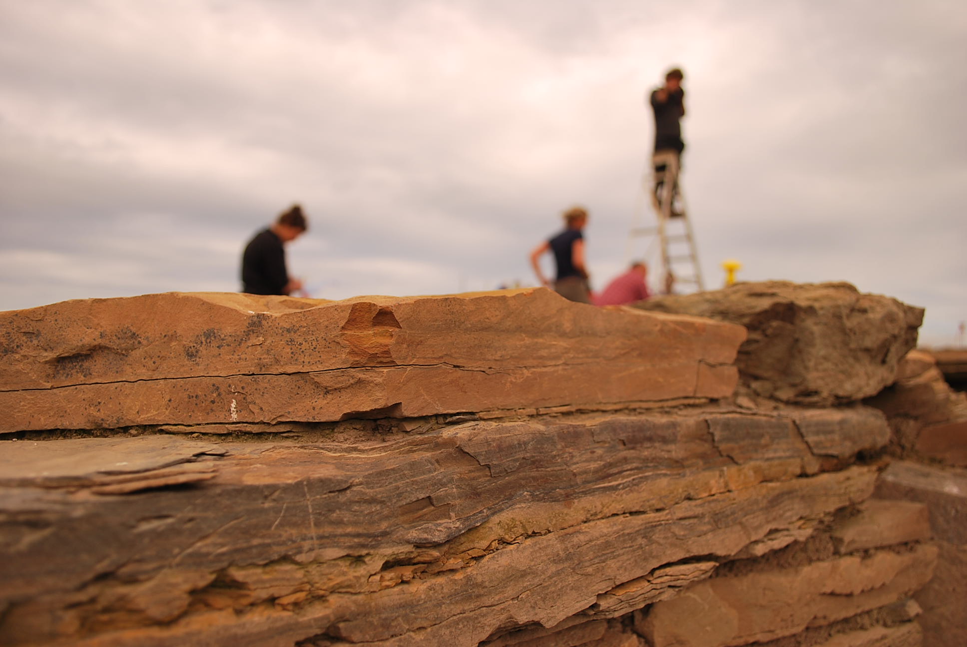 A landscape photo showing yellow flat sandstone rocks in the foreground, stacked to form a wall. In the background, distant, four figures of workers can be seen, out of focus, two stand, one bends over, the last stands on top of a set of step ladders.