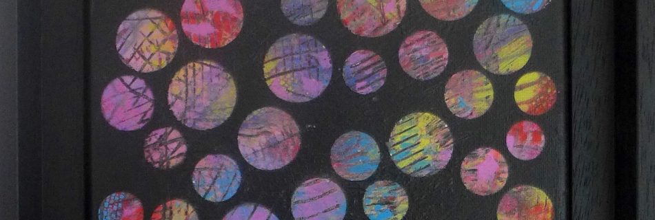 Small square format canvas with black ground covered in small dots with textural marks, in different sizes in bright purples, blues, reds, yellows. Set into a tray frame painted the same black as the canvas.