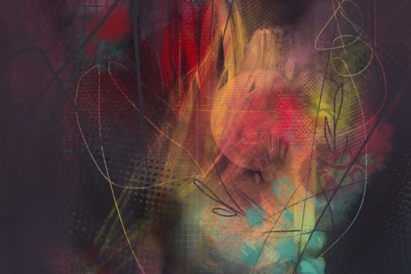 A square frame digital abstract painting on a dark almost black ground. A luminous zone of amorphous colour in reds, orange, yellow, jade green and warm purples melts back into he dark ground. Scribbled lines of different thicknesses, fine dotted textures, spongy dots and cloud like colour all merge and mingle centrally.