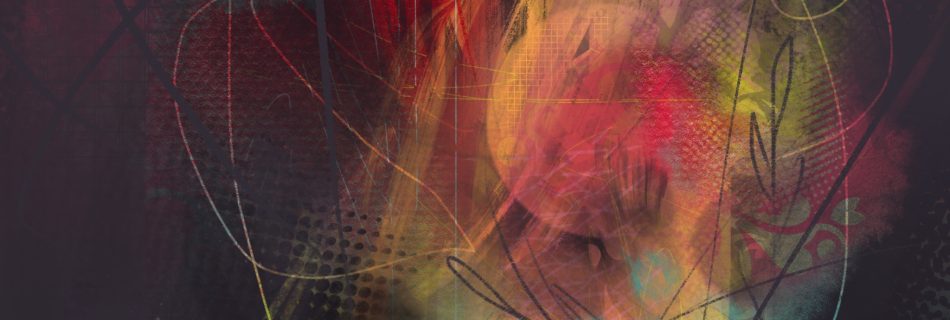 A square frame digital abstract painting on a dark almost black ground. A luminous zone of amorphous colour in reds, orange, yellow, jade green and warm purples melts back into he dark ground. Scribbled lines of different thicknesses, fine dotted textures, spongy dots and cloud like colour all merge and mingle centrally.