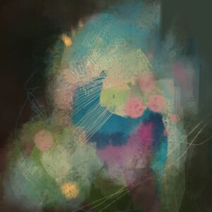 A squad format digital abstract painting on a dark green ground features a cloud like zone of watercolour like intermingling colour in soft greens, blue greens and purples. It features scored parallel lines, cross hatching, speckle textures, pastel like textures, scribbled fine lines and hand drawn messy solid dots. Small focal points of creamy yolk yellow draw the eye.