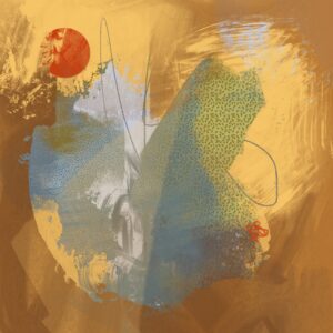 A square format digital abstract painting in tones of golden yellow. The central area is dominated by overlapping, semi-transparent blue-grey streaks. A postbox red small disk features at the top-left corner, and a tiny red, knot-like pen squiggle appears near the bottom right - each in a push and pull relationship with the other.