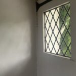 A Photo of a very old, heavy, white-painted wooden front door with lead light window to the upper part casting a shadow of light and dark pattern onto a plain white internal wall.