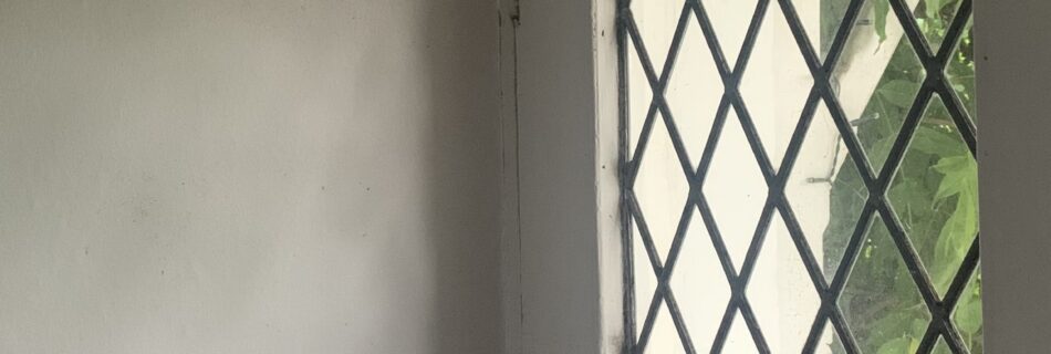 A Photo of a very old, heavy, white-painted wooden front door with lead light window to the upper part casting a shadow of light and dark pattern onto a plain white internal wall.