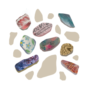 A digitally painted flatlay of 19 variously coloured and decorated sea pottery pieces in soft colours, on a white ground. they are arranged in a rough circle with fairly even spaces. They vary in size and shape, appearing broken and sea worn. 8 pieces are pattered, with floral patterns, brushed lines, graduating colour, combed slipware style zigzags and scrolling transferware type print. The colours centre on teal, purples, pinks, yellow browns and red. the remaining shards are simply solid pale grey shapes.