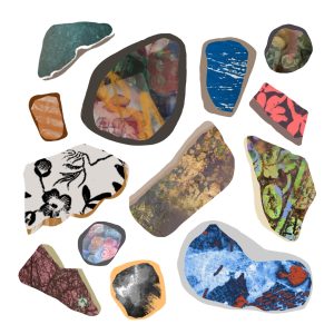 A digitally painted flatlay of 13 variously coloured and decorated sea pottery shards in vibrant colours. They are different shapes and sizes, but appear rounded by sea action. Body colours are visible at the edges of pieces, showing greys and beiges. Patterns include florals, stripes, anonymous blobby textures, fruit and show scrapes and scratches to the glazes. Colurs focus on bright blues, warm browns and yellows , with monochrome and various pinks.They fill the entire space, with roughly even spacing.