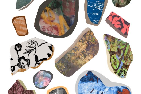 A digitally painted flatlay of 13 variously coloured and decorated sea pottery shards in vibrant colours. They are different shapes and sizes, but appear rounded by sea action. Body colours are visible at the edges of pieces, showing greys and beiges. Patterns include florals, stripes, anonymous blobby textures, fruit and show scrapes and scratches to the glazes. Colurs focus on bright blues, warm browns and yellows , with monochrome and various pinks.They fill the entire space, with roughly even spacing.